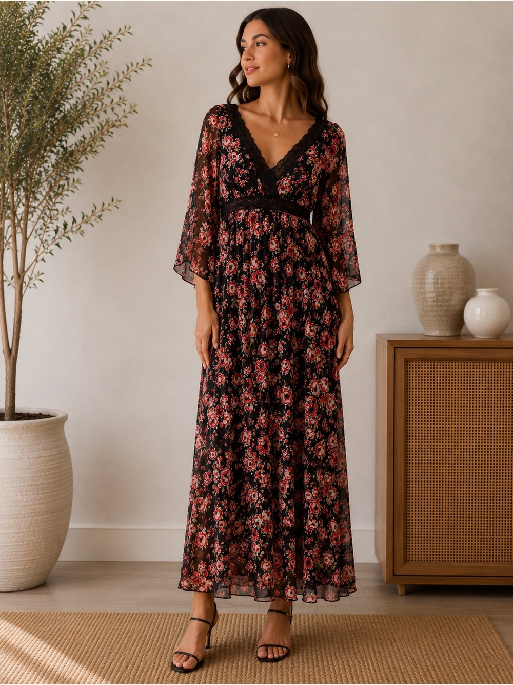 Floral Lace-Trim V-Neck Maxi Dress in Black and Rose